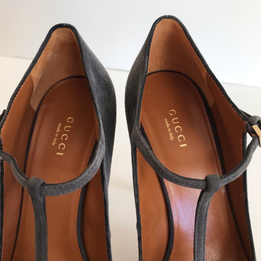 Gucci Betty Peep Toe T Strap High Heel Suede Platform Pumps Gray Sze IT 38.5 NIB - Picture 8 of 16